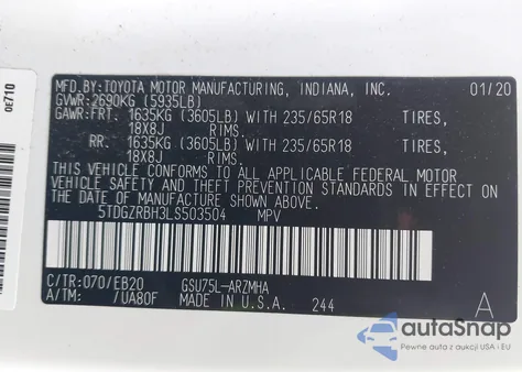 2020 Toyota Highlander Xle из США, поврежденный, VIN 5TDGZRBH3LS503504